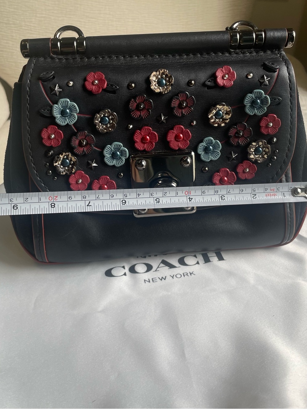 COACH Black Leather Tea Rose Drifter Crossbody with Pink & Blue Floral Appliqué - Picture 12 of 14